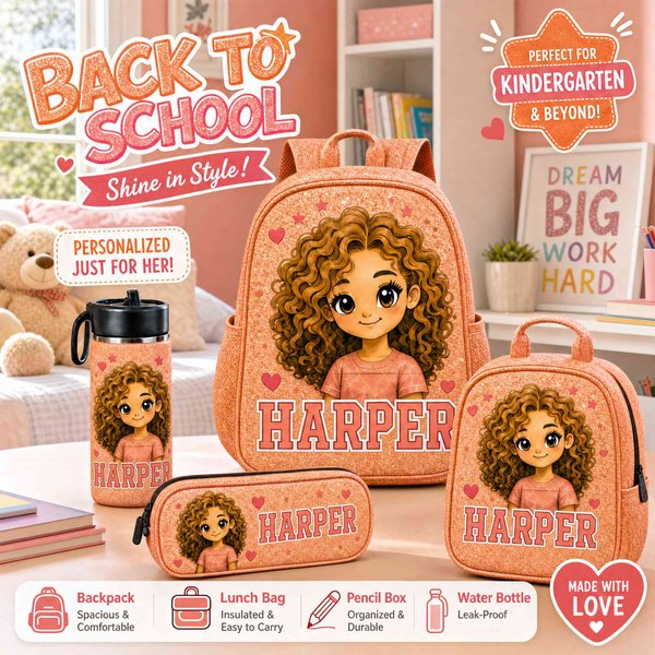 Personalized Cartoon Girl Glitter School Bag Set with Name, Includes Backpack, Lunch Bag, Pencil Case & Water Bottle, Back to School Gift for Girls
