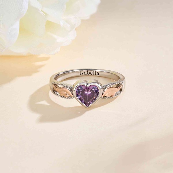 Personalized Angel Wings Birthstone Ring with Name & Birthstone, Memorial Remembrance Jewelry Gift for Her on Birthday/Anniversary