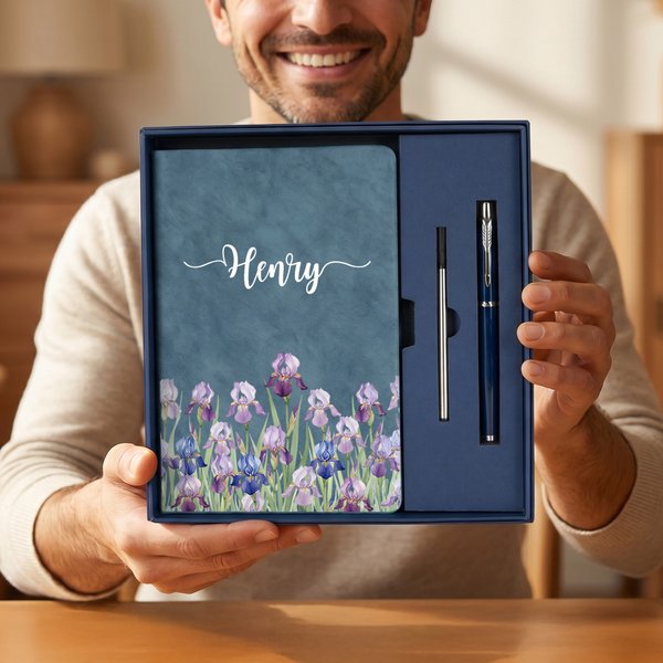 Personalized Multicolor Birth Flower PU Leather A5 Notebook and Pen Set with Name Anniversary Birthday Father's Day Gift for Mother Father