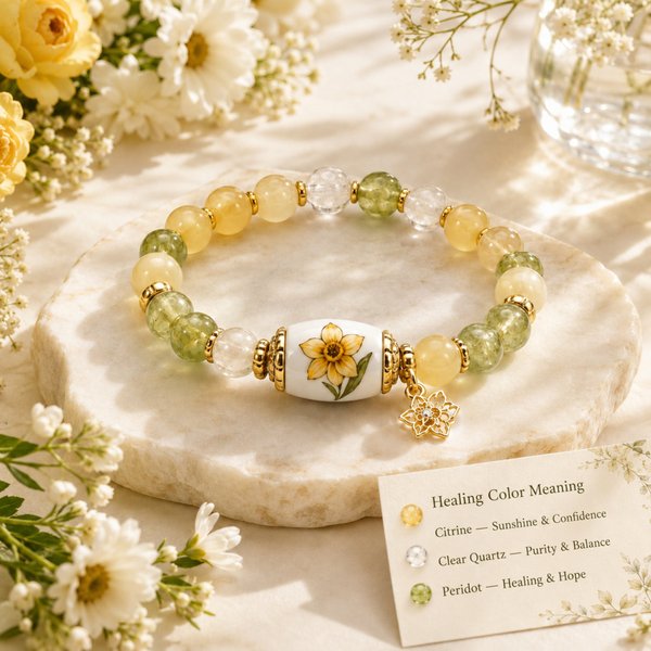 Personalized Birth Flower Healing Bracelet with Crystal Beads & Gold Charm, Month Flower Ceramic Pendant, Birthday/Mother's Day Gift for Her/Mom