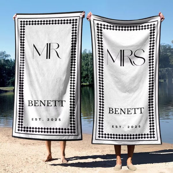 Personalized Checkered Couple Beach Towel with Last Name, Elegant Old Money Style & Soft Absorbent, Sweet Honeymoon Present for Newlyweds