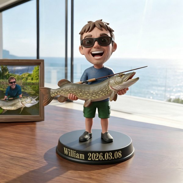 Photo personnalisée à 3D Statue de pêcheur Ornement avec texte Décoration de bureau Anniversaire Fête des pères Cadeau pour papa pêcheur