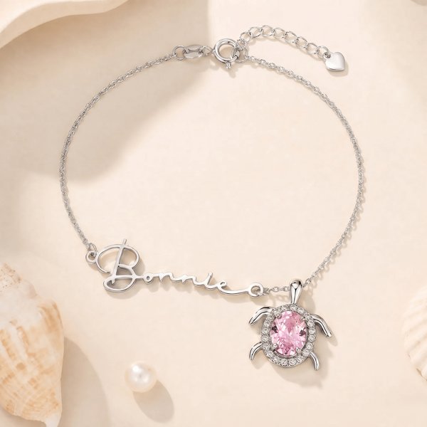 Personalized Dainty Birthstone Sea Turtle Anklet with Name Beach Accessory Birthday Gift for Woman Mom Ocean Lover