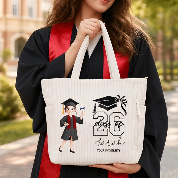 Personalized Cartoon Graduate Large Corduroy Tote Bag with Name and Year Daily Use Graduation Gift for Graduates