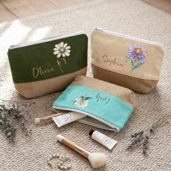 Personalized Gem Birth Flower Linen Patch Canvas Makeup Bag with Name Birthday Wedding Gift for Besties Bridesmaids