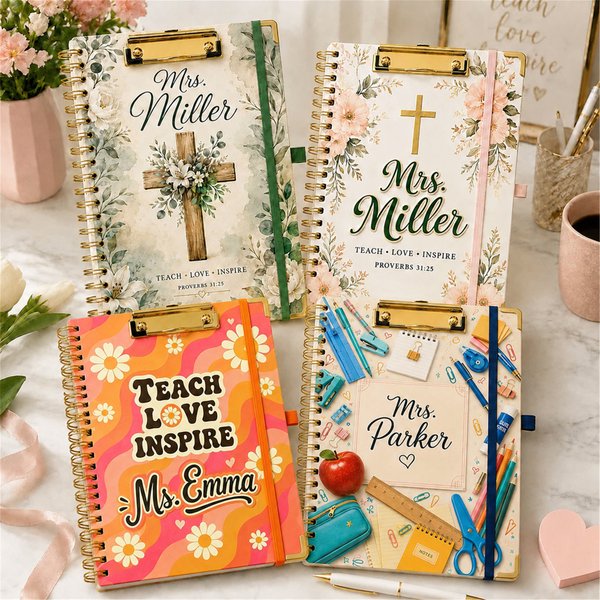 Personalized Teacher Name Floral Planner Notebook, A4 Spiral Bound Journal with Clipboard 2026, Back to School/Appreciation Gift for Teachers