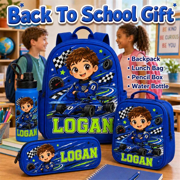 Personalized 4 Piece Children's School Bag Set with Name, Cartoon Boy Backpack, Lunch Bag, Pencil Case & Water Bottle, Back to School Gift for Boys