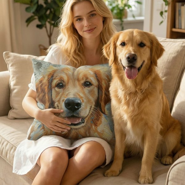 Personalized Oil Painting Style Pet Photo Soft Throw Pillow Cover with Name Birthday Gift for Pet Owners Lovers