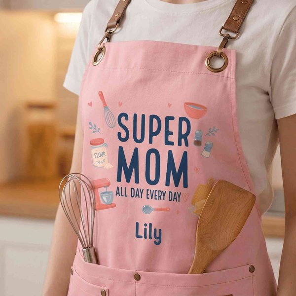 Personalisierte „Super Mom“-Schürze mit Namen, verstellbare Küchen-/Gartenschürze, Muttertags-/Geburtstagsgeschenk für Mama/Oma