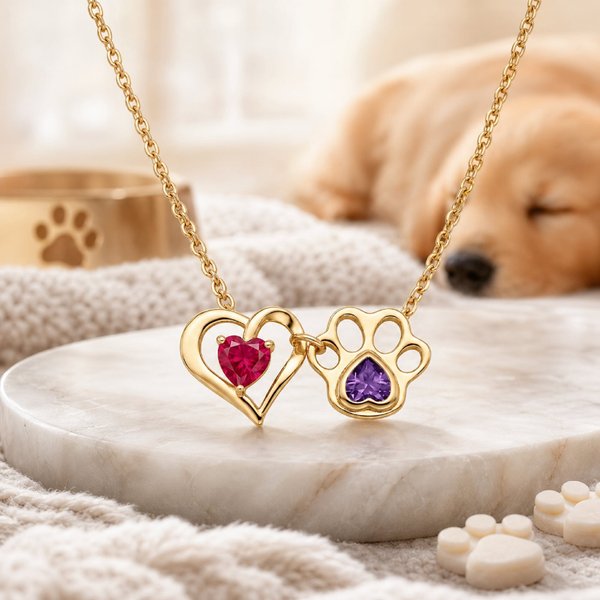 Personalized Heart & Paw Birthstone Necklace, Dainty Pet Lover Accessory, Keepsake Gift for Dog Mom/Cat Mom