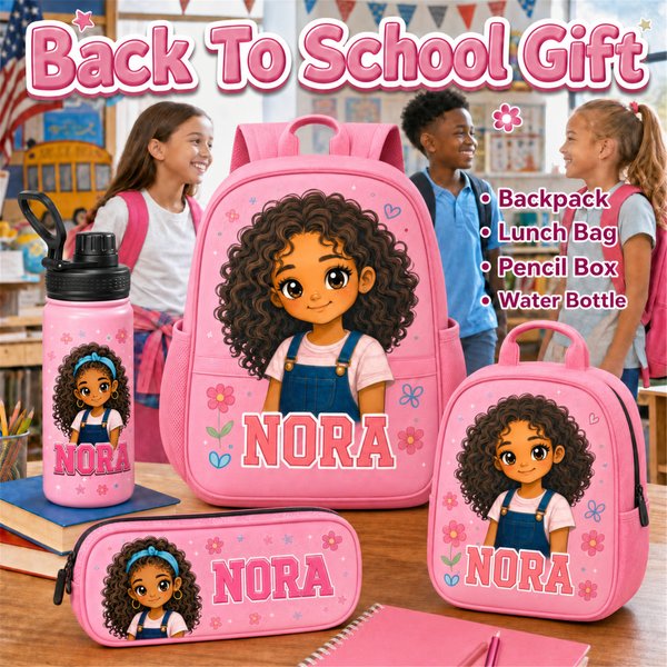 Personalized 4 Piece Kids School Bag Set with Name, Cartoon Girl Backpack, Lunch Bag, Pencil Case & Water Bottle, Back to School Gift for Girls