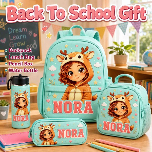 Personalized Name Animal Themed School Supply Bundle, Kit Including Backpack, Lunch Tote, Water Cup and Pencil Pouch, Back to School Present for Kids