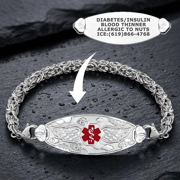 Personalized Engraved Angel Wing Medical Alert ID Bracelet, Handcrafted Byzantine Chain Jewelry, Thoughtful Safety Gift for Family/Friends