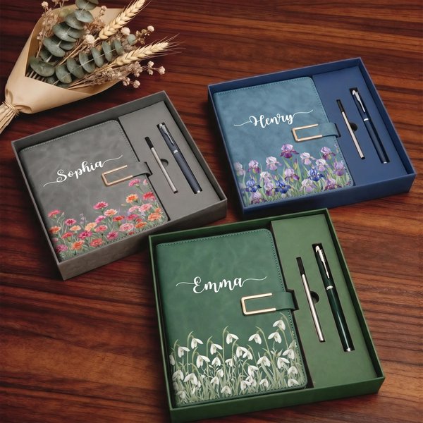 Personalized Multicolor Birth Flower PU Leather A5 Notebook and Pen Set with Name Anniversary Birthday Father's Day Gift for Mother Father