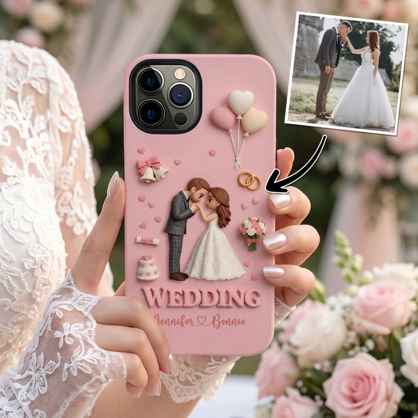 Personalized Wedding Theme 3D Cartoon Character Phone Case for iphone and Samsung with Name Anniversary Engagement Gift for Couple