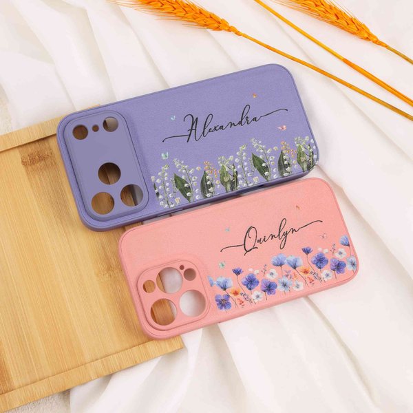 Personalized Leather iPhone Case with Name & Birth Flower, Engraved Floral Phone Cover, Mother's Day & Birthday Present for Her/Mom