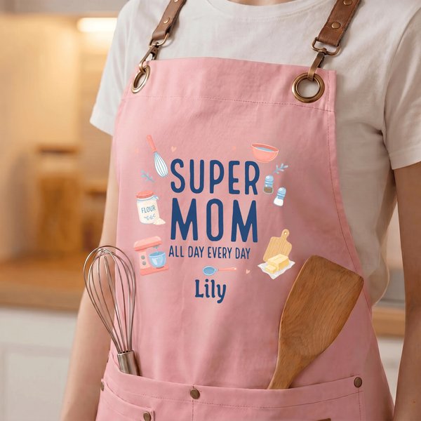 Personalized Super Mom Apron with Name, Adjustable Kitchen/Garden Apron, Mother's Day/Birthday Gift for Mom/Grandma