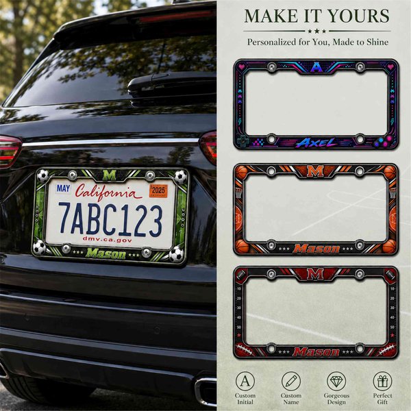 Cadre de plaque d'immatriculation personnalisé avec nom et initiale, porte-plaque décoratif aux thèmes variés, accessoire automobile à offrir aux hommes, garçons et conducteurs masculins