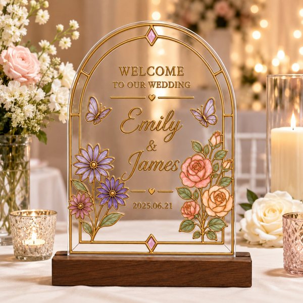 Panneau de table de mariage personnalisé en acrylique avec fleur de naissance, prénom et date – Objet décoratif à conserver, cadeau de mariage élégant pour les mariés
