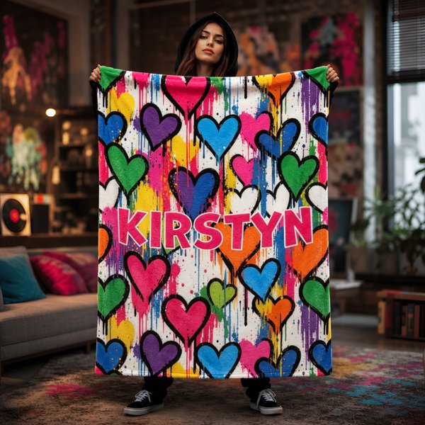 Personalized Colorful Graffiti Heart Pattern Soft Warm Sherpa Fleece Blanket with Name Home Decor Birthday Gift for Men and Women