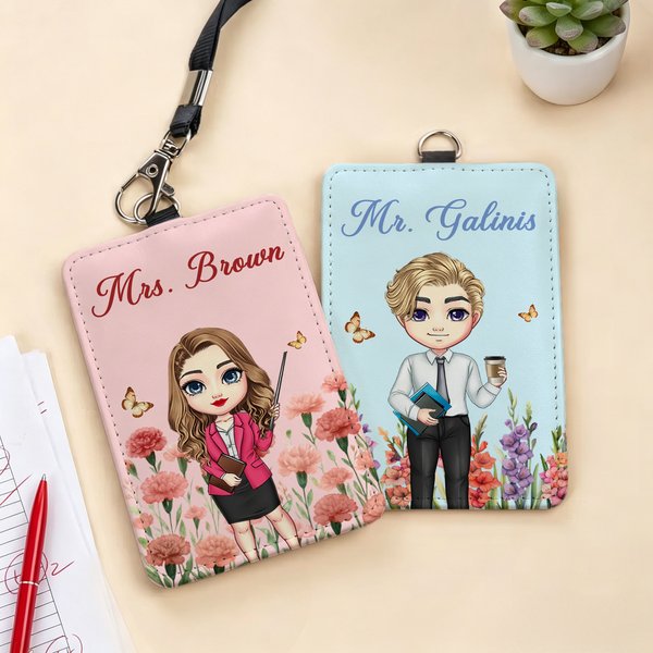 Personalized Birth Flower Cartoon Teacher ID Card Badge Holder with Title & Surname Back to School Teacher's Day Gift for Teachers Educators