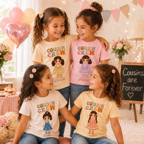 Personalized Cousin Crew Interactive Dress-Up Doll T-Shirt with Name & Graphic, Removable Velcro Hair and Outfits, Birthday Gift for Girls