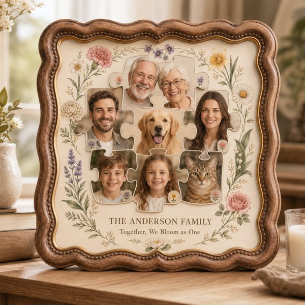 Cadre-puzzle familial personnalisé avec fleurs de naissance et photos, cadeau d'anniversaire/de Noël/d'anniversaire de mariage pour maman/papa/mamie