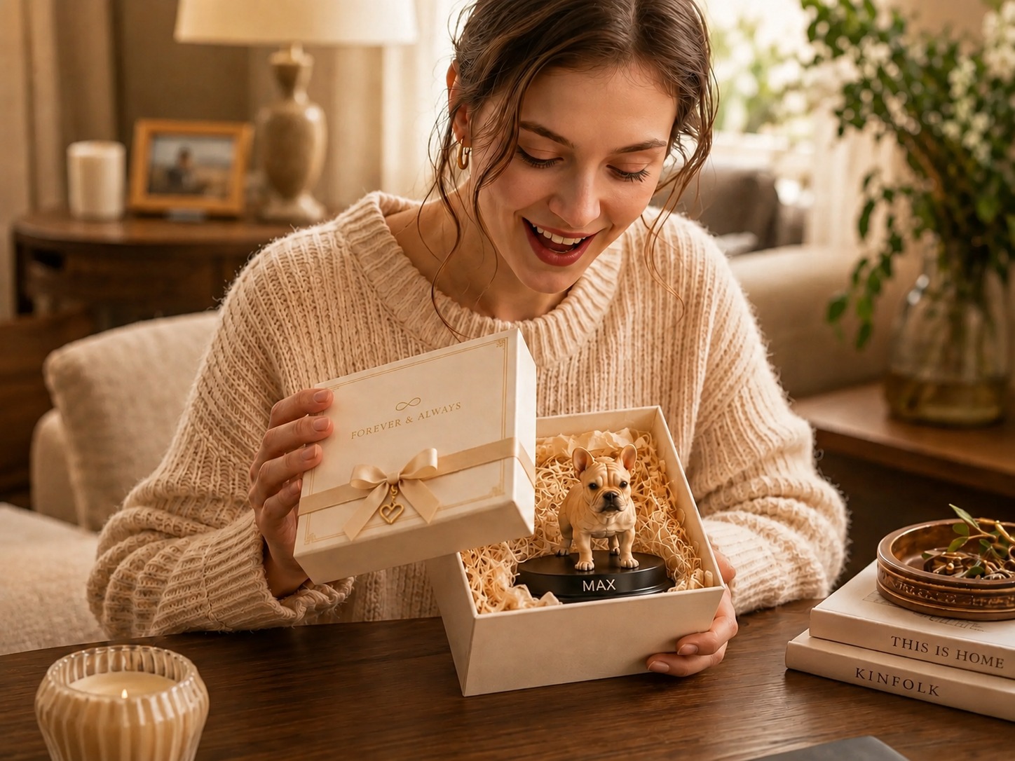 Personalized keepsake statue shown inside gift packaging