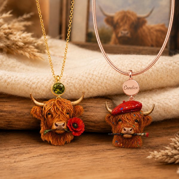 Personalized Highland Cow Glitter Necklace with Birthstone & Name, Highland Cow Pendant, Cute Scottish Cow Jewelry, Gift for Women