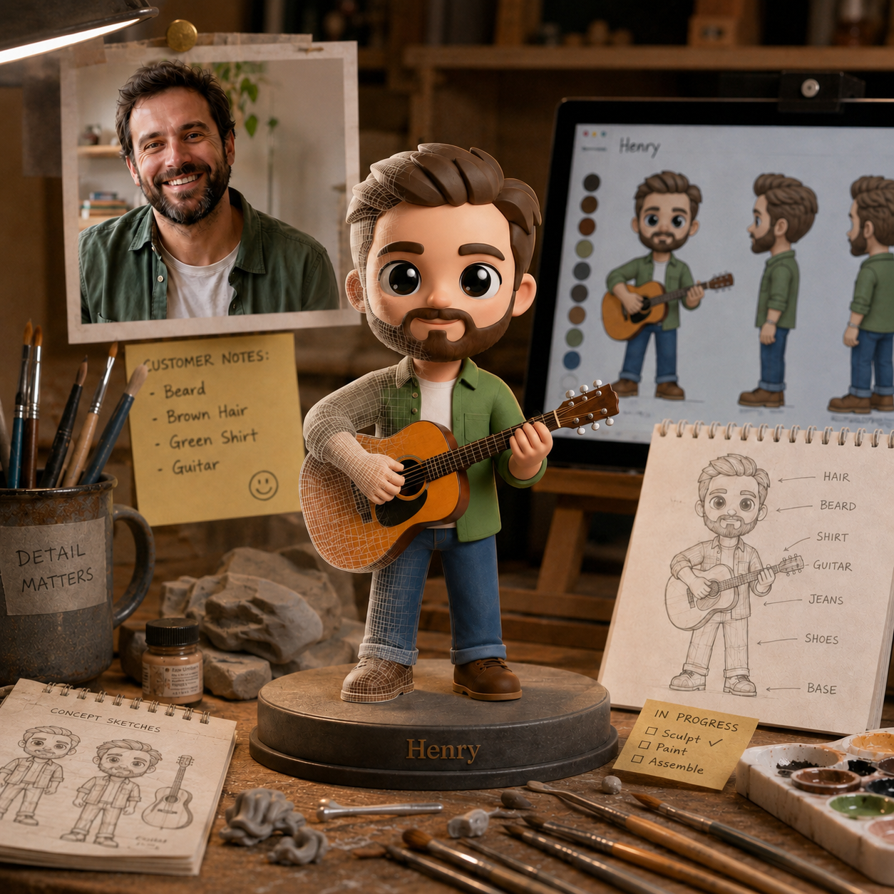 3D preview of custom guitar statue, look 3