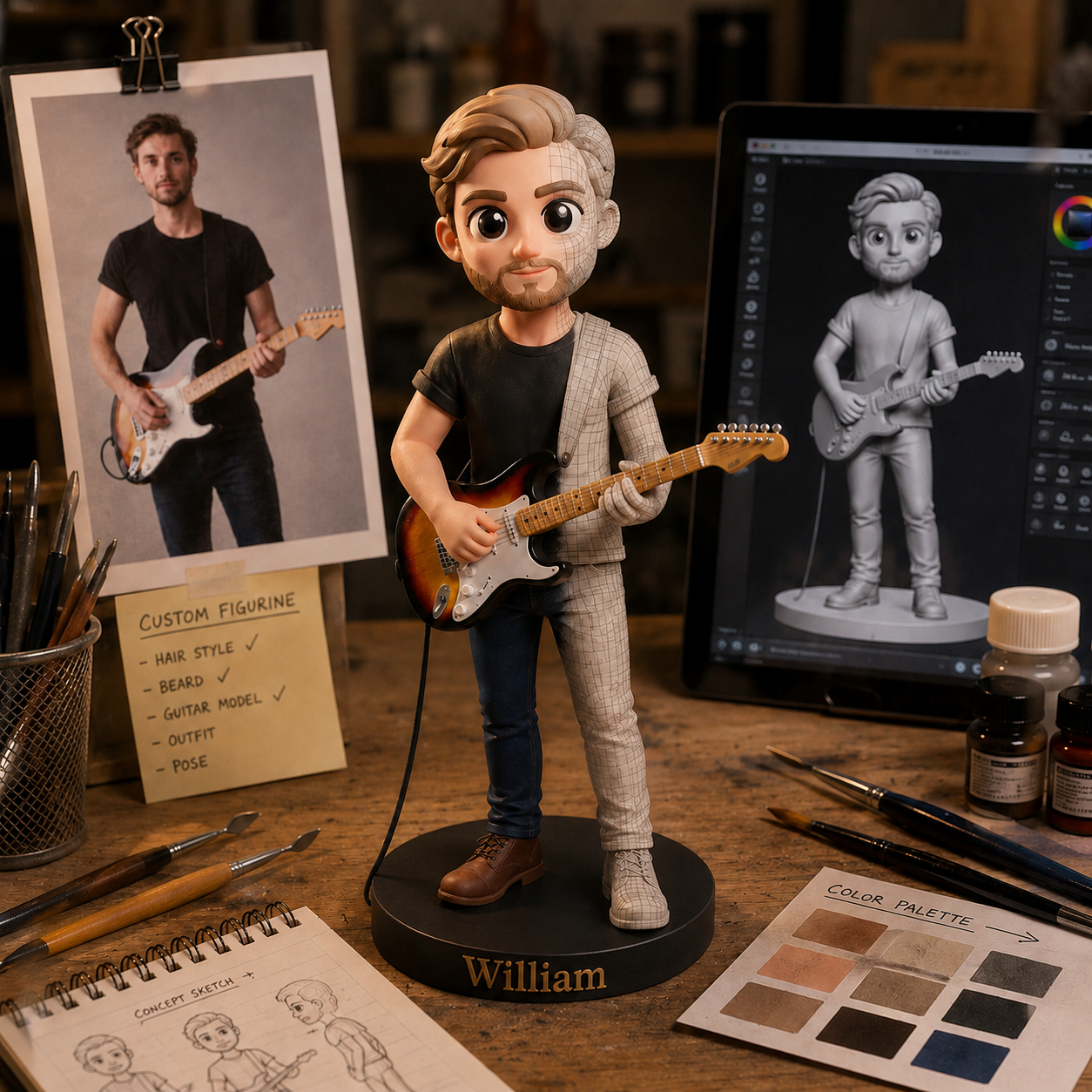 3D preview of custom guitar statue, look 1