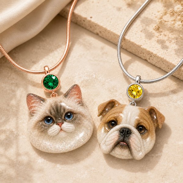Personalized Glitter Pet Portrait Necklace with Birthstone & Name, Cat and Dog Face Pendant, Pet Memorial Jewelry, Gift for Pet Moms/Pet Lovers