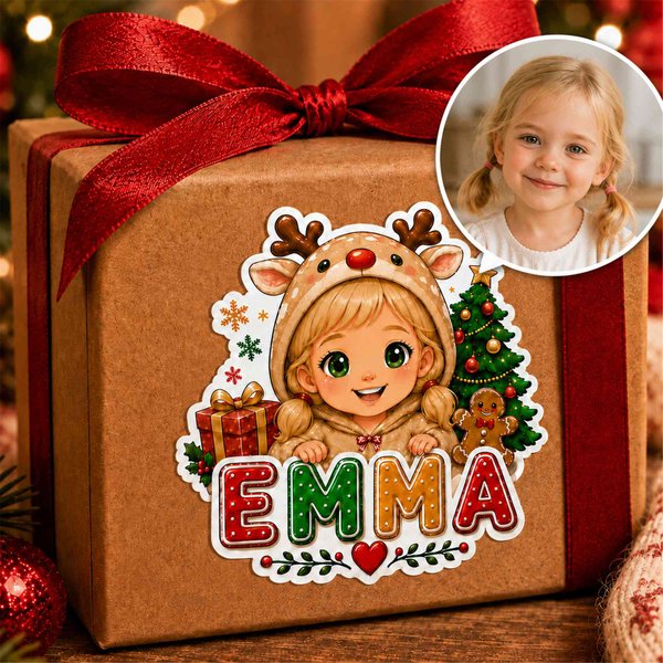 Autocollants de Noël personnalisés avec photo et prénom, étiquettes-cadeaux pour les fêtes, motif de pyjama avec des rennes et le Père Noël en version bande dessinée, cadeau pour garçons et filles