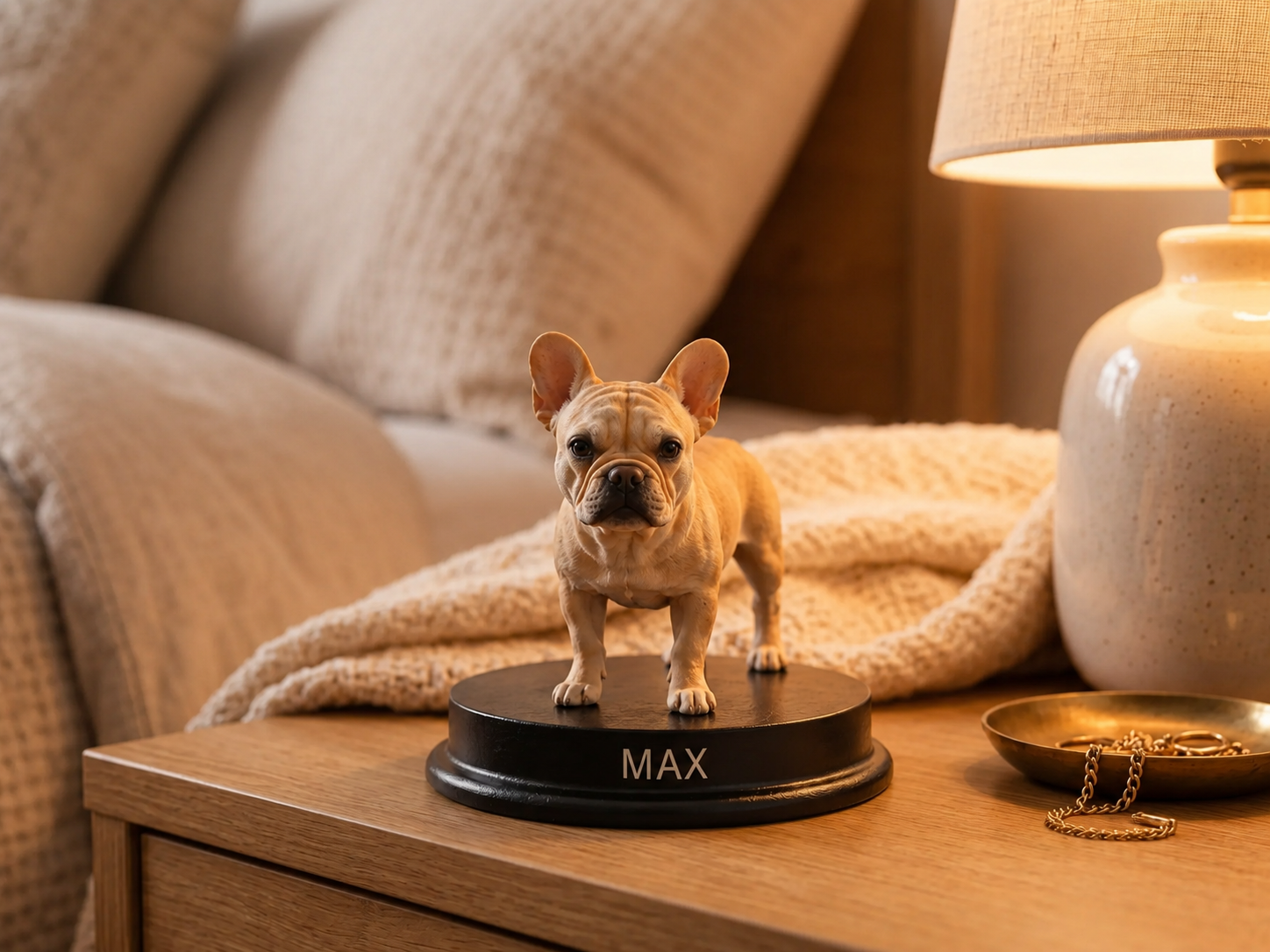 Personalized keepsake statue displayed in bedroom