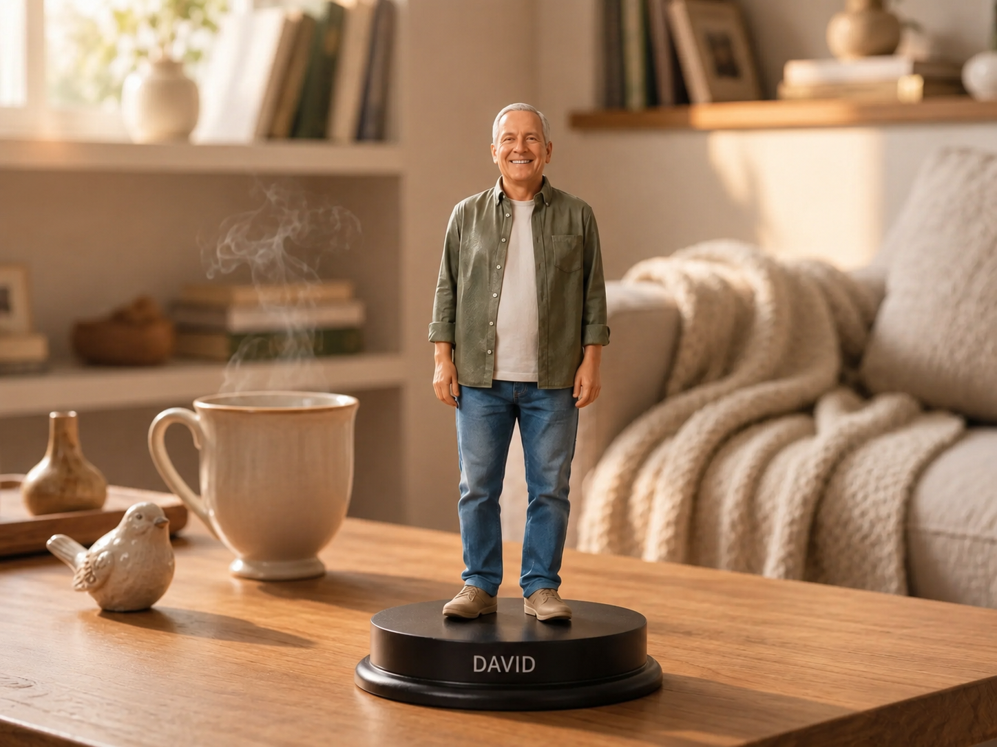 Personalized keepsake statue displayed in living room