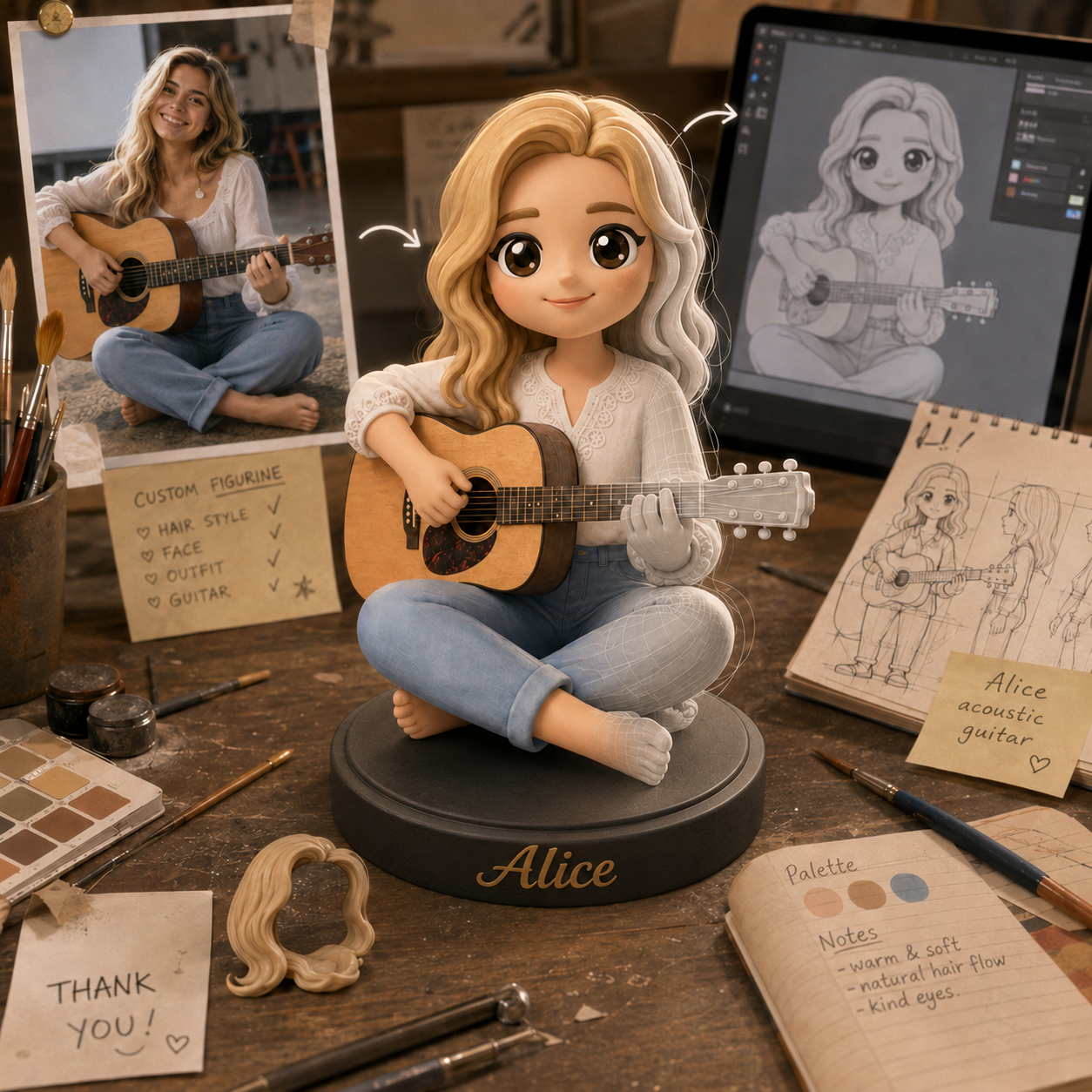 3D preview of custom guitar statue, look 2