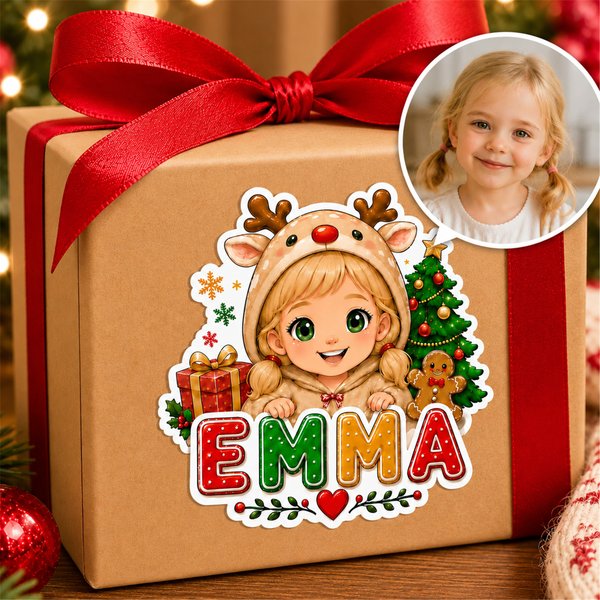 Personalized Christmas Stickers with Photo & Name, Holiday Gift Tags, Cartoon Reindeer & Santa Claus Pajama Pattern Design, Gift for Boys/Girls