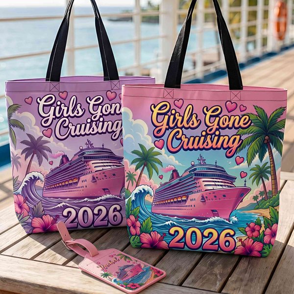 Personalized Girls Gone Cruising Tote Bag Luggage Tag Set with Year and Name Travel Essential Daily Use Birthday Gift for Besties Women