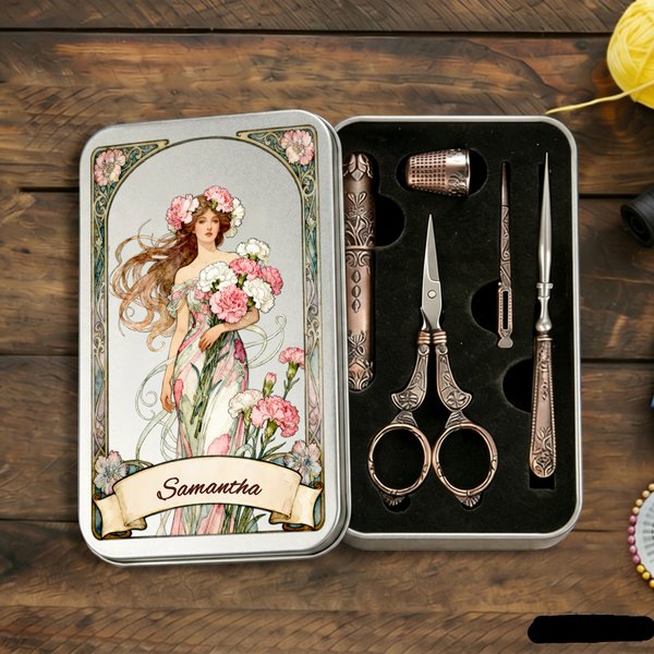 Personalized Retro Birth Flower 6 Piece Sewing Tool Kit with Name Daily Use Birthday Mother's Day Gift for Mother Friend Sewing Lover