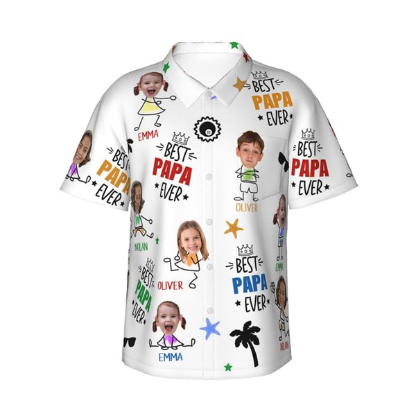 Personalized Best Papa Ever Funny Face Photo 100% Cotton Men's Hawaiian Shirt with Colorful Names Birthday Summer Vacation Gift for Dad Grandpa