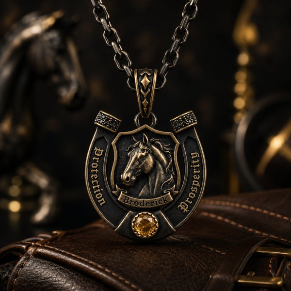Personalized Horse Horseshoe Necklace with Birthstone & Name, Engraved Equestrian Pendant, Father's Day/Birthday Gift for Cowboy/Dad/Him