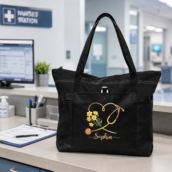 Personalized Heart Birth Flower Stethoscope Large Tote Bag with Name and Mesh Pockets Birthday Nurse Week Gift for Nurse Doctor