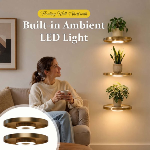 LED Floating Wall Shelf with Gold Round Design, Built-in Warm Light Display Shelf for Plants/Bathroom, Housewarming/Birthday Gift for Plant Lover/Her