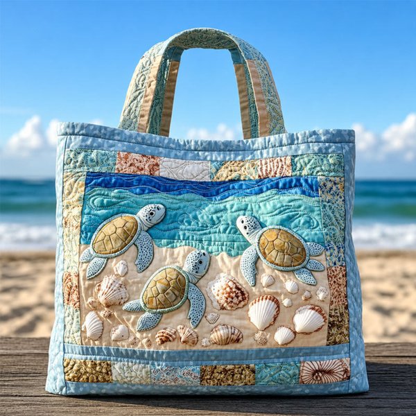 Turtle Haven Quilted Tote, Sea Beach with Shell Applique & Ocean-Inspired Fabric Shoulder Reusable Bag, Coastal Gift for Turtle Lovers