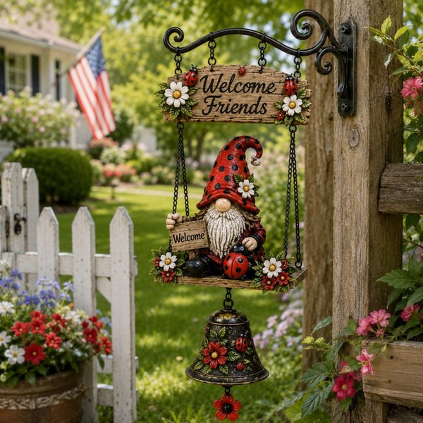 Rustic Garden Gnome Welcome Bell, Outdoor Hanging Porch Decor, Farmhouse Welcome Friends Garden Sign, Gift for Garden Lovers