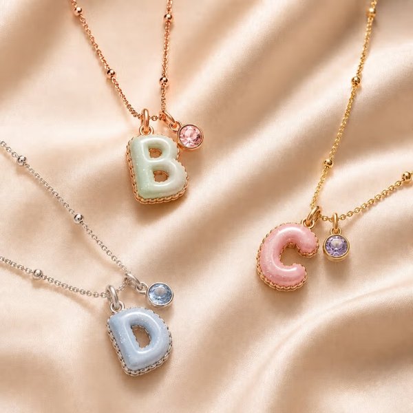 Personalized Macaron Initial Necklace with Birthstone, Pastel Glitter Enamel Letter Charm, Birthday/Bridal Gift for Her/Best Friend