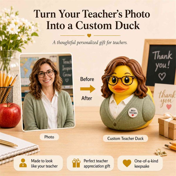 Personalized Photo Rubber Duck Ornament Keepsake, Classroom Mini Cute Desk Decor, Teacher Appreciation, Back to School & Holiday Gift for Educators