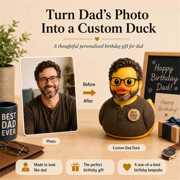 Custom Dad Rubber Duck Ornament from Photo, Made to Look like Him with Hair, Glasses, Beard and Outfit Details, Cute Desk Decor, Birthday Gift for Dad