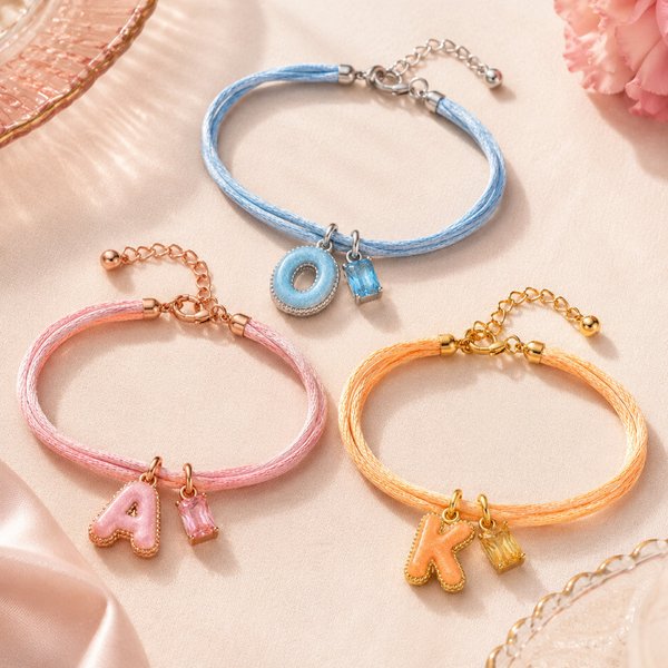 Personalized Macaron Cord Bracelet with Initial & Birthstone, Adjustable Pastel Glitter Enamel Letter Design, Birthday Gift for Women