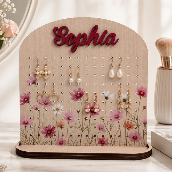 Porte-bijoux en bois personnalisé avec fleur de naissance, porte-boucles d'oreilles et rangement, avec prénom et date d'anniversaire gravés sur le socle — Cadeau d'anniversaire pour femmes et sœurs
